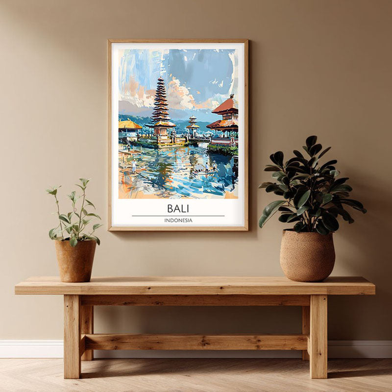 Vintage Bali Framed Canvas Archival Canvas Wall Painting - Natural Brown Frame