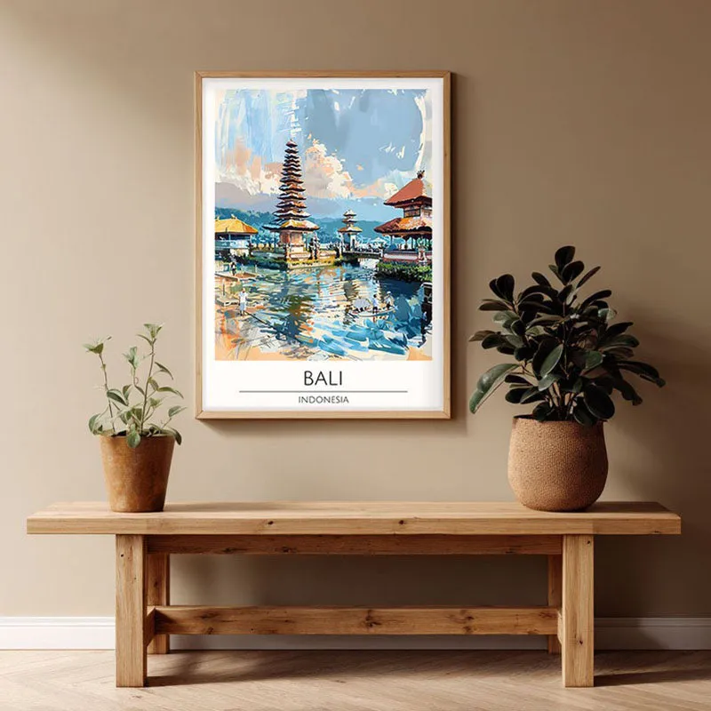 Vintage Bali Framed Canvas Archival Canvas Wall Painting - Natural Brown Frame media 1
