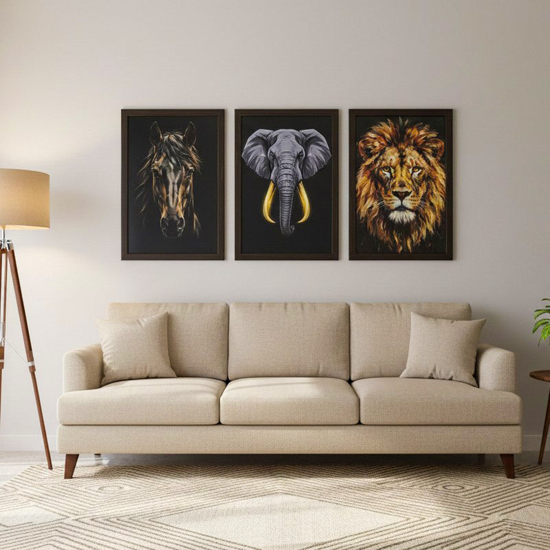 Majestic Wildlife Portrait Wall Painting With Frame - Set Of Three