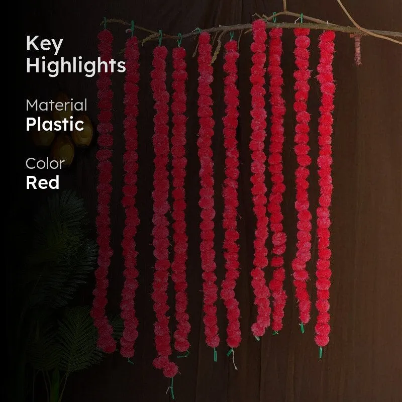 Faux Marigold Decorative Toran (Red) - Set Of Ten media 2