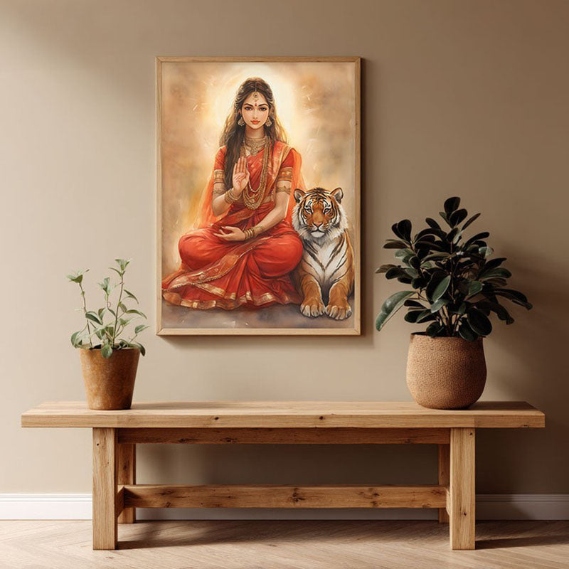 Nrithya Saraswati Spiritual Archival Paper Wall Painting - Natural Brown Frame