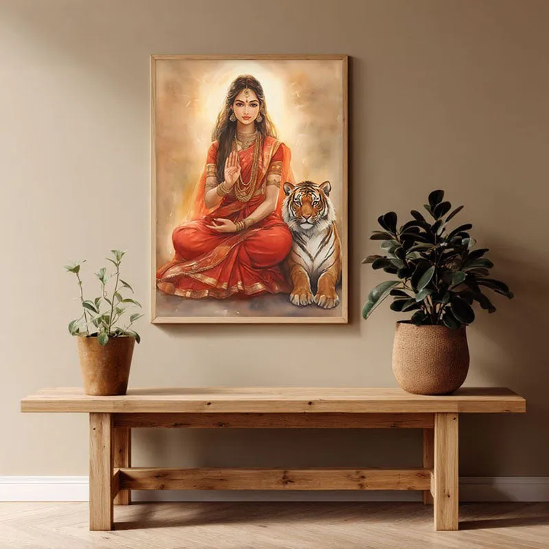 Nrithya Saraswati Spiritual Archival Paper Wall Painting - Natural Brown Frame media 1