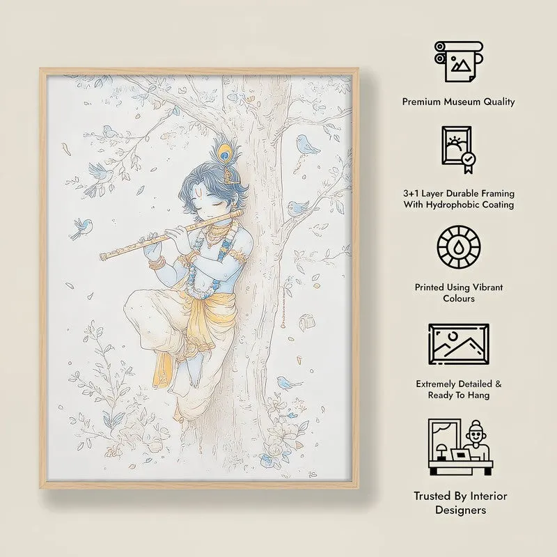 Baal Krishna Playing Fluit Archival Paper Wall Art - Natural Brown Frame media 8