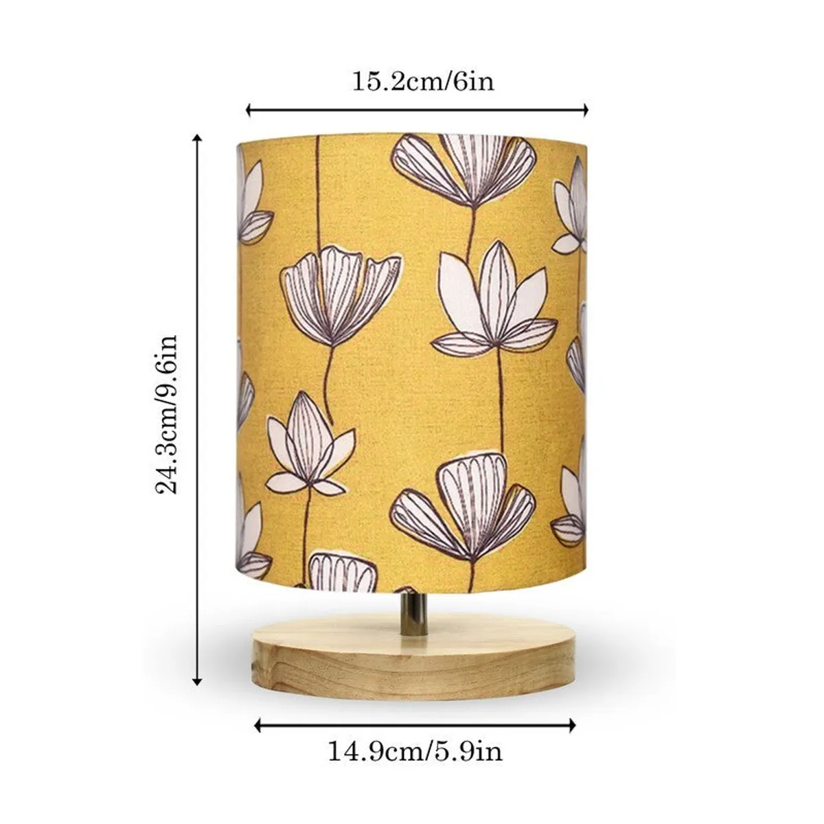Yellow floral table lamp shown with dimension arrows
