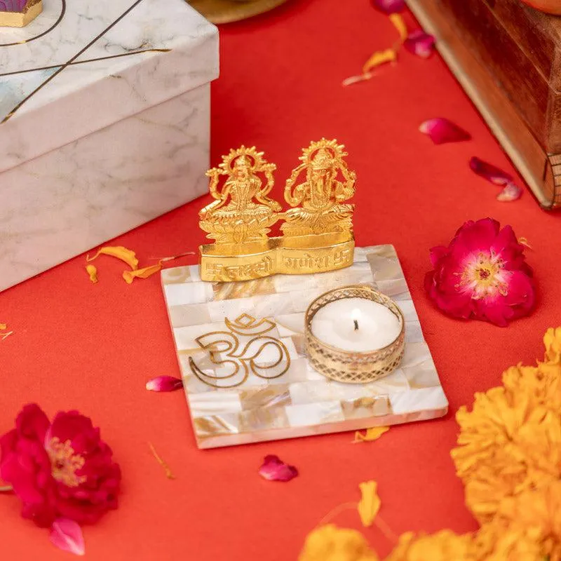 Laxmi Ganesha Om Mother of Pearl Tealight Candle Holder media 3