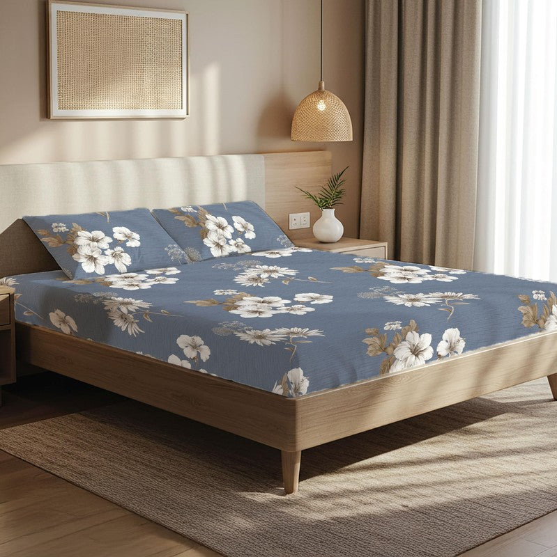 Ocean Petals Floral Bedsheets (Blue & White) - 200 TC - Queen/Double