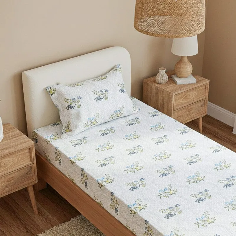Floral Rush Printed Cotton Bedsheet (Blue) - 200 TC media 3