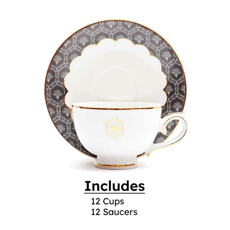 Gilded Legacy 24k Gold Brushed Porcelain Tea Cup & Saucer (Grey/ 300 mL) - Set of Six media 5