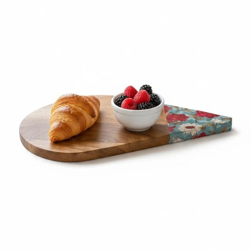 Mango wood presentation platter with croissant and berries on a white background