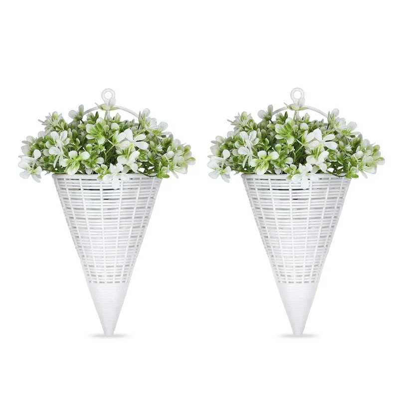 Artificial Flowers (Green,White) with Pot - Set Of Two media 6