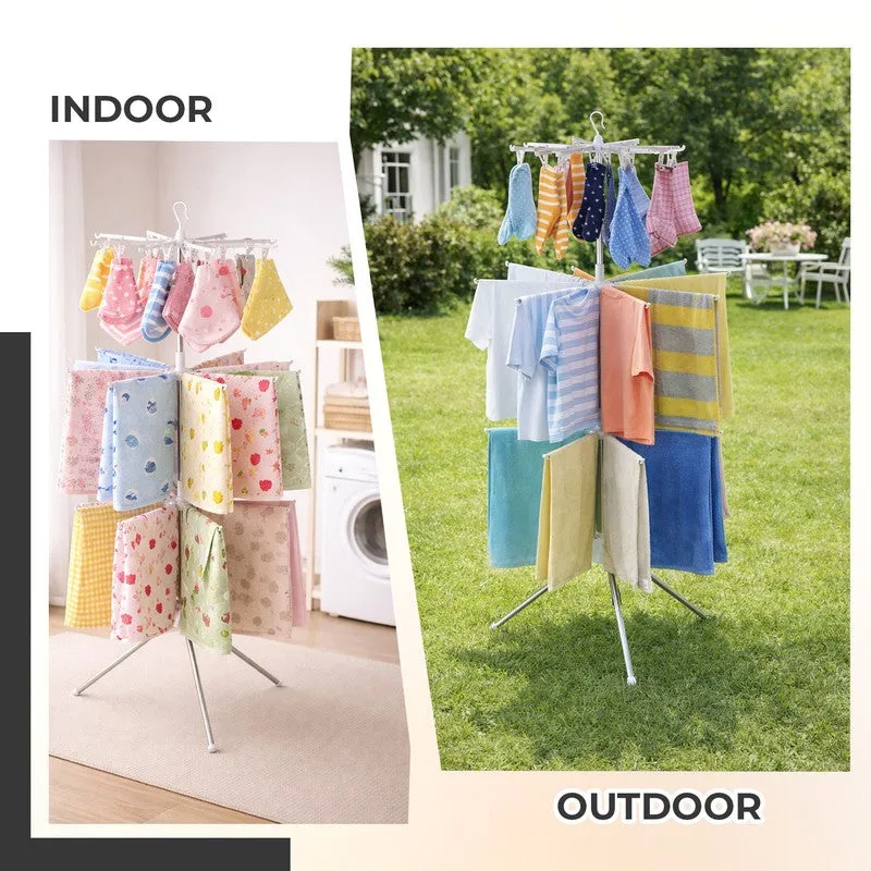 White drying rack shown for indoor and outdoor use with clothes hanging