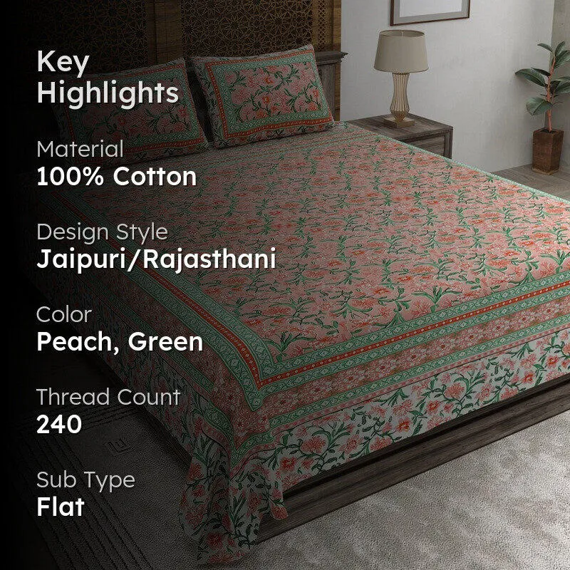 Bloomen Cotton Bedsheet (Peach,Green) - 240 TC media 2