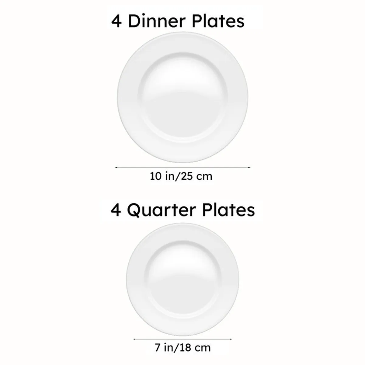 Two groups of plain round plates shown in a dimensional comparison graphic.