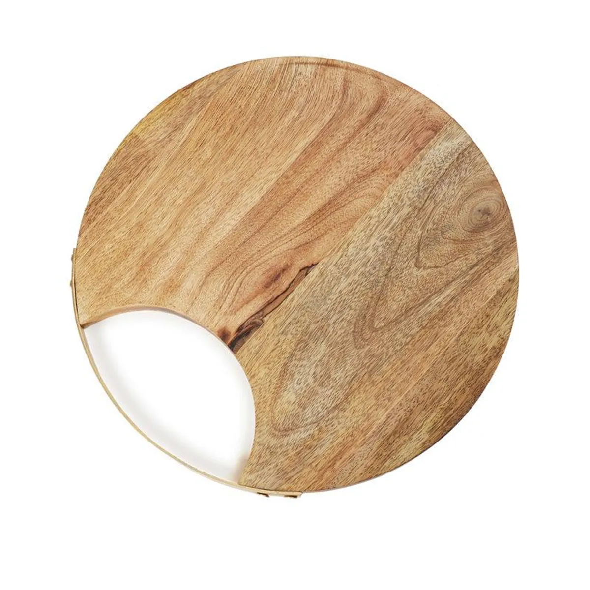 Top view of a round mango wood chopping board with natural wood grain