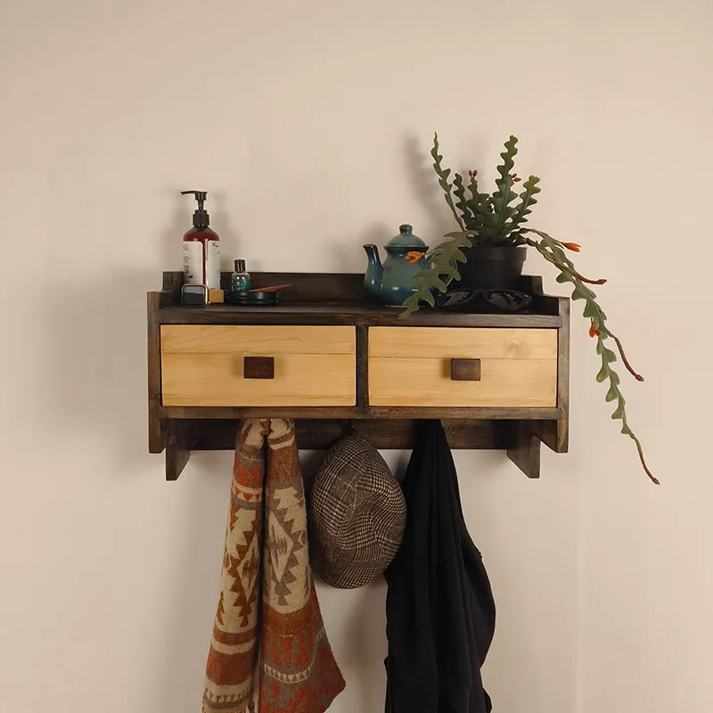 Sycamore OAK Wooden Wall Shelf with Drawers & Key Holders media 4