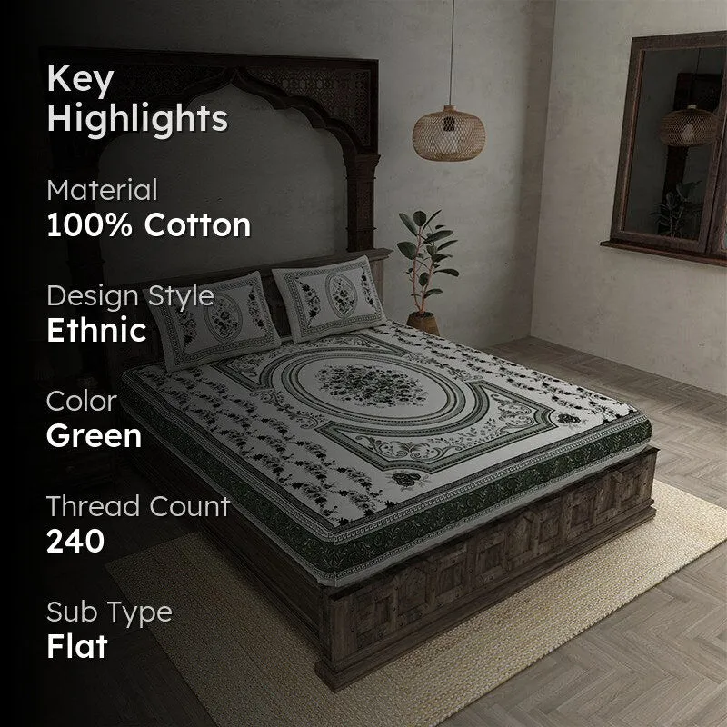 Pusthi Ethnic Cotton Bedsheet (Green) - 240 TC media 2