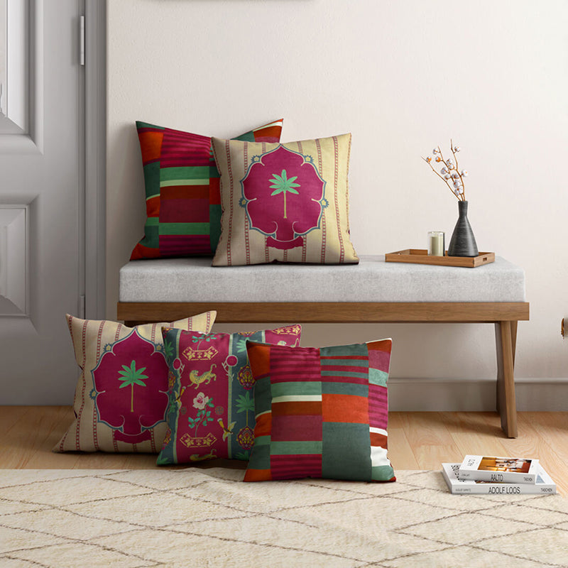India Circus Roots & Fronds Printed Velvet Cushion Cover - Set Of Five media 3