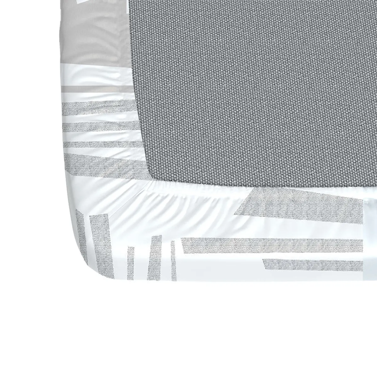Corner close-up of the fitted bedsheet with elastic edge and grey pillow cover