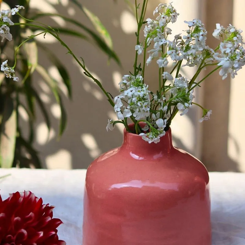 Pink ceramic vase holding white flowers in a softly lit tabletop setting.