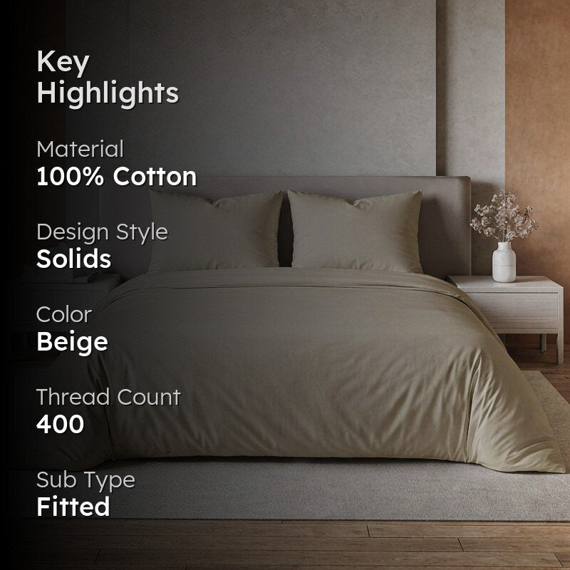Maison Fitted Solid Cotton Bedsheet (Beige) - 400 TC media 2