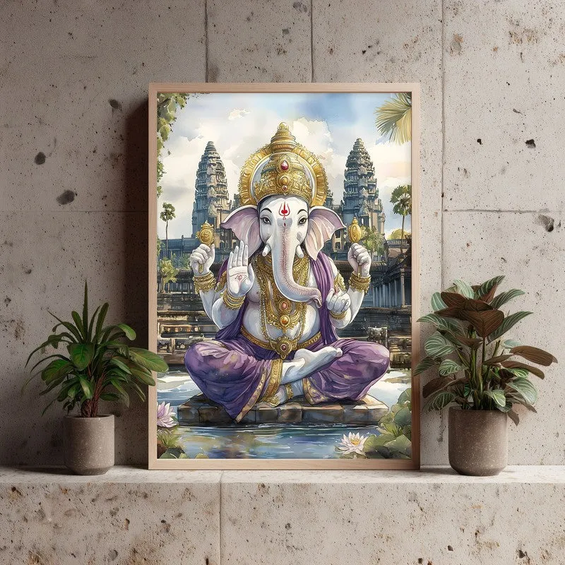 Divine Gajavaktra Spiritual Archival Paper Wall Painting - Natural Brown Frame media 3