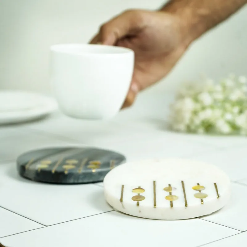 Pearl Charm Marble Coaster With Brass Inlay (Grey, White) - Set Of Two media 5