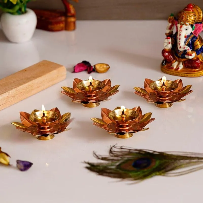 Lotus Bloom Brass Diya - Set Of Four media 1