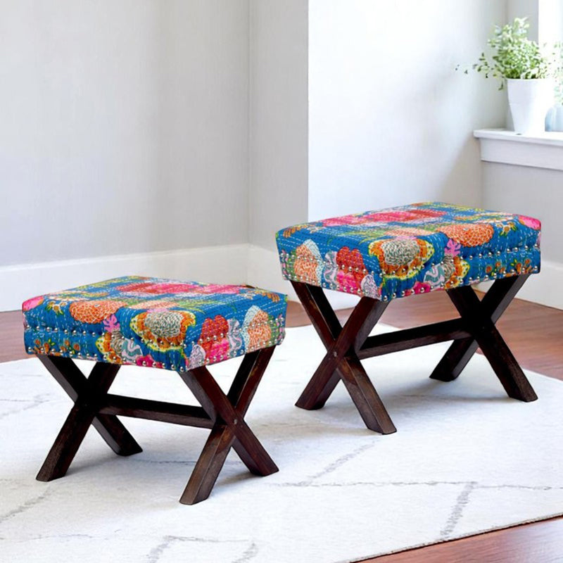 Javro Sheesham Wooden Stools (Multicolor) - Set Of Two