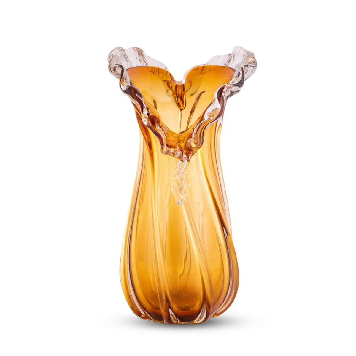 Gold free-form glass vase on a white background