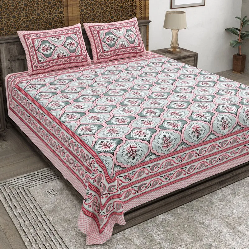 Rango Cotton Bedsheet (Dark Green,Pink) - 240 TC media 1