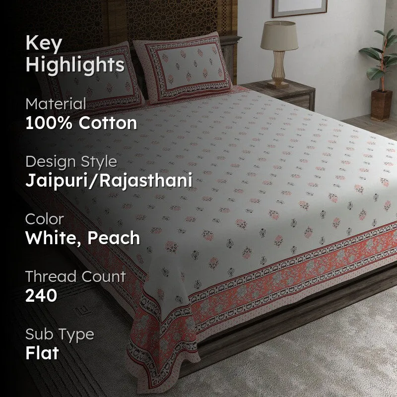 Gardenon Cotton Bedsheet (White,Peach) - 240 TC media 2