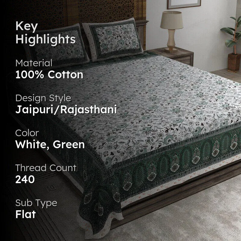 Weavera Cotton Bedsheet (White,Green) - 240 TC media 2