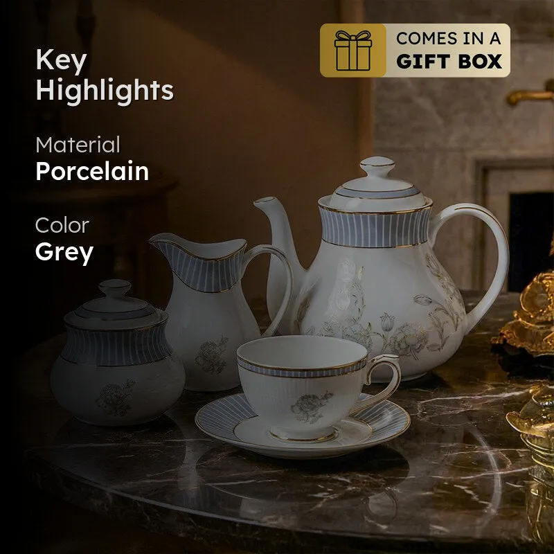 Gilded Iris 24k Gold Brushed Porcelain Tea Set With Tea Pot (Grey) - Seventeen Piece Set media 2