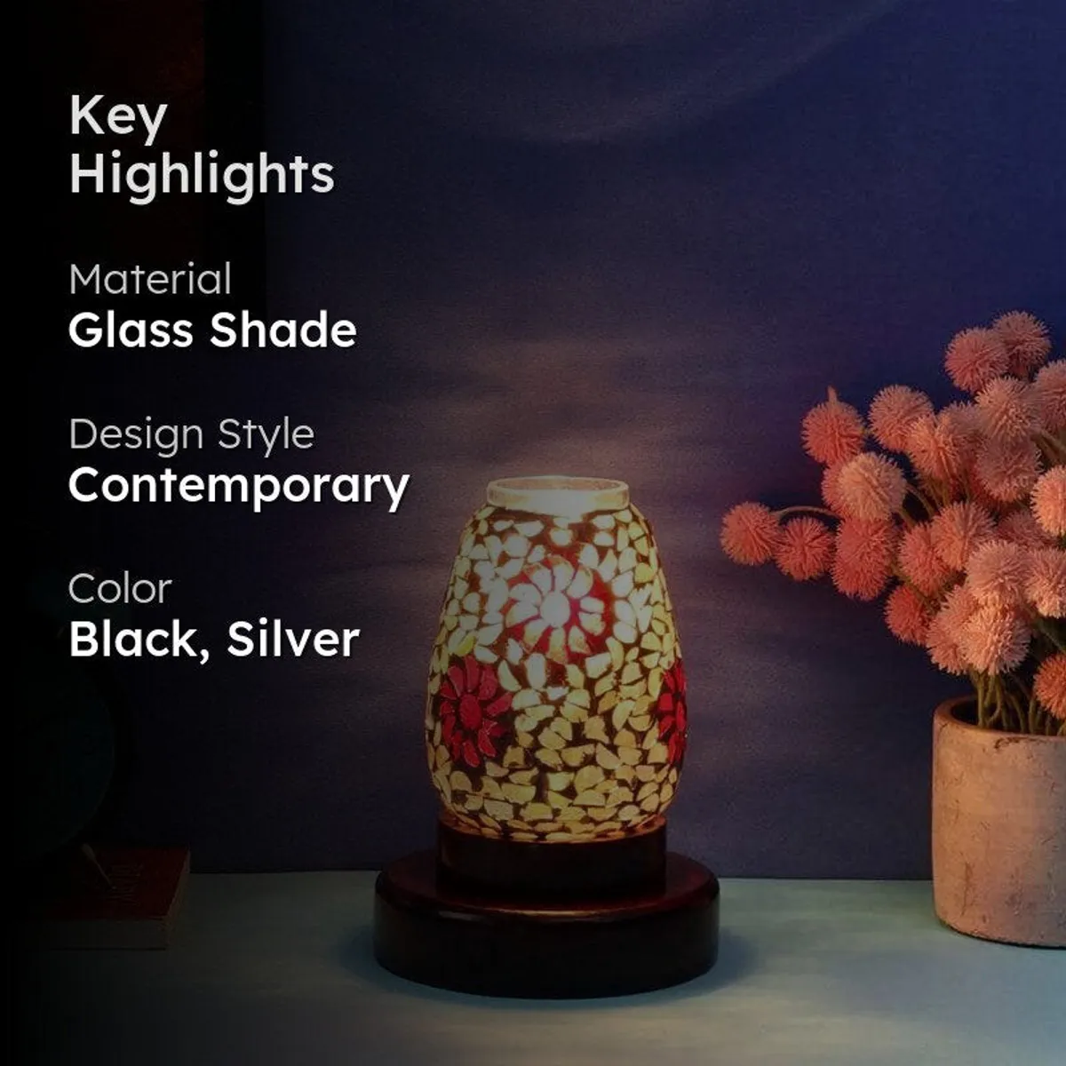 Lit mosaic table lamp with key highlights text overlay