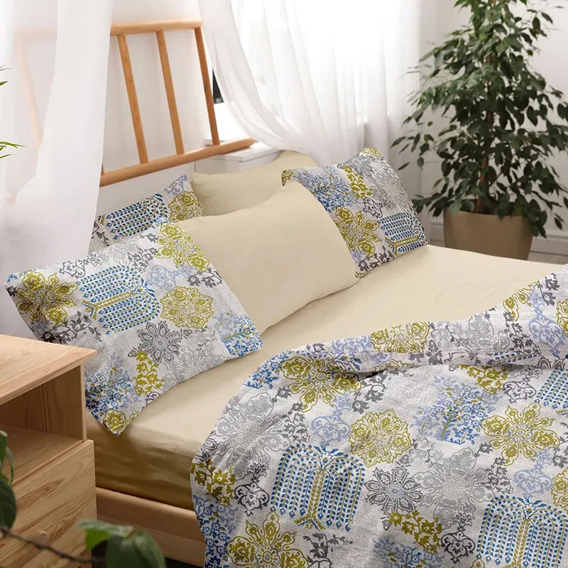 Pastel Brocade Printed Cotton Duvet Cover - Blue media 4
