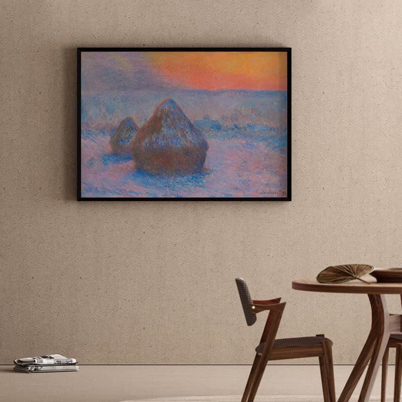 Stacks Of Wheat At Sunset, Snow Effect By Claude Monet - Black Frame