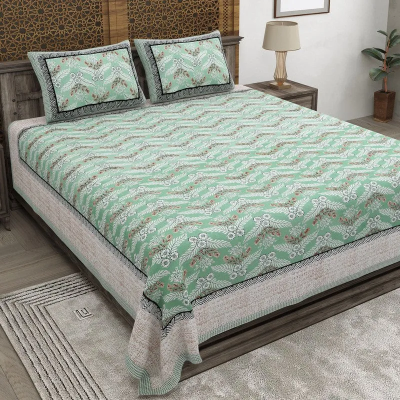 Bloomix Cotton Bedsheet (Green,Grey) - 240 TC media 1