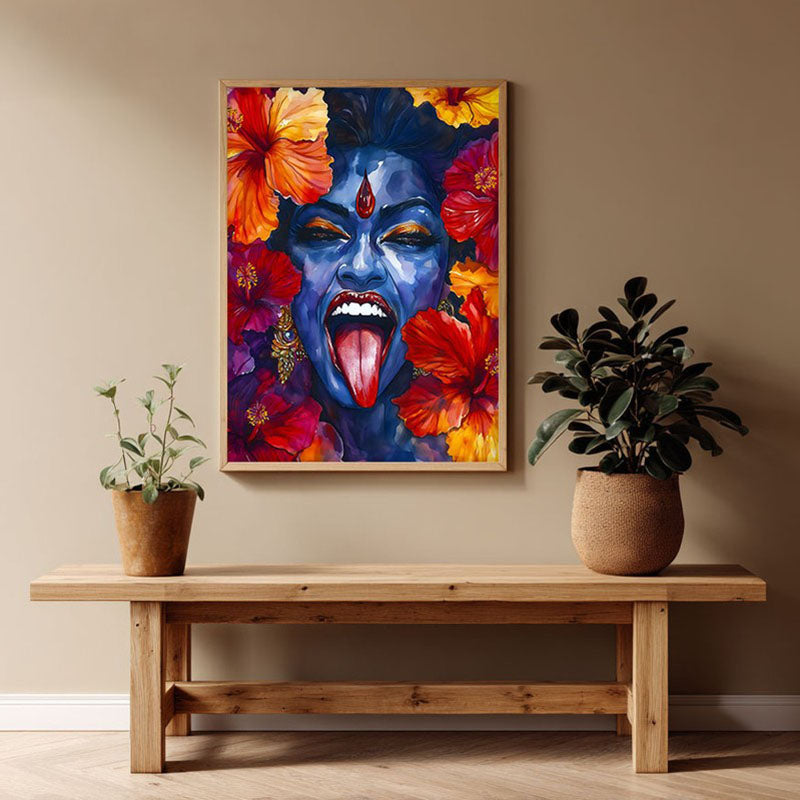 Mahakali Spiritual Archival Paper Wall Painting - Natural Brown Frame