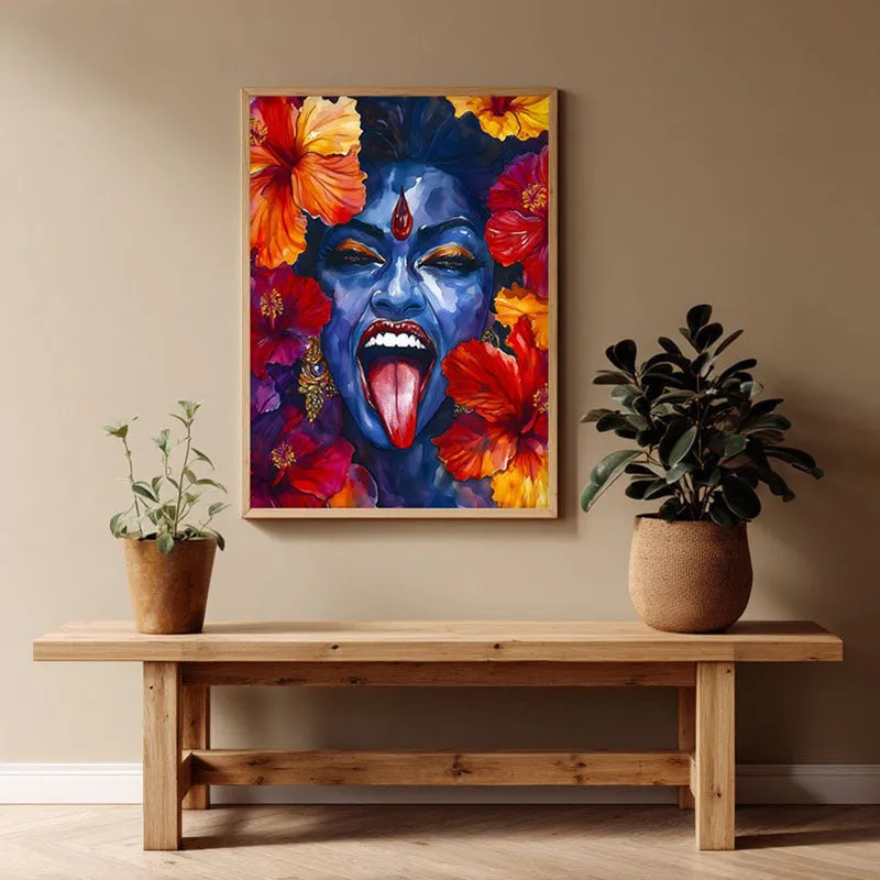 Mahakali Spiritual Archival Paper Wall Painting - Natural Brown Frame media 1