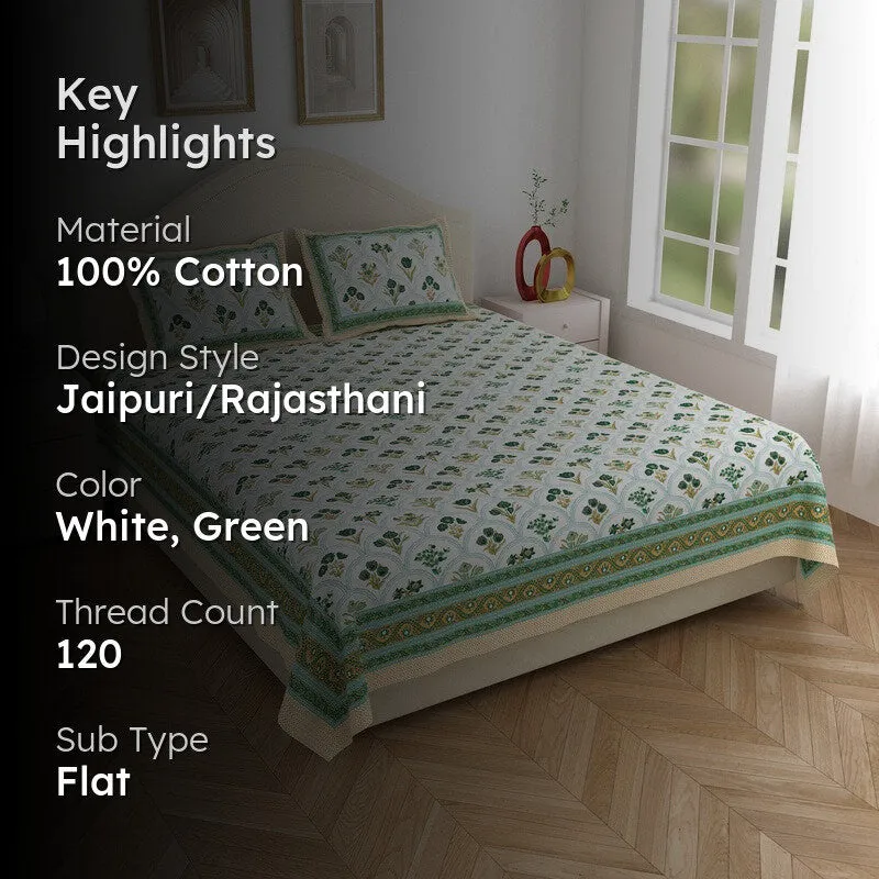 Heritage Touch Cotton Bedsheet (White,Green) - 120 TC media 2