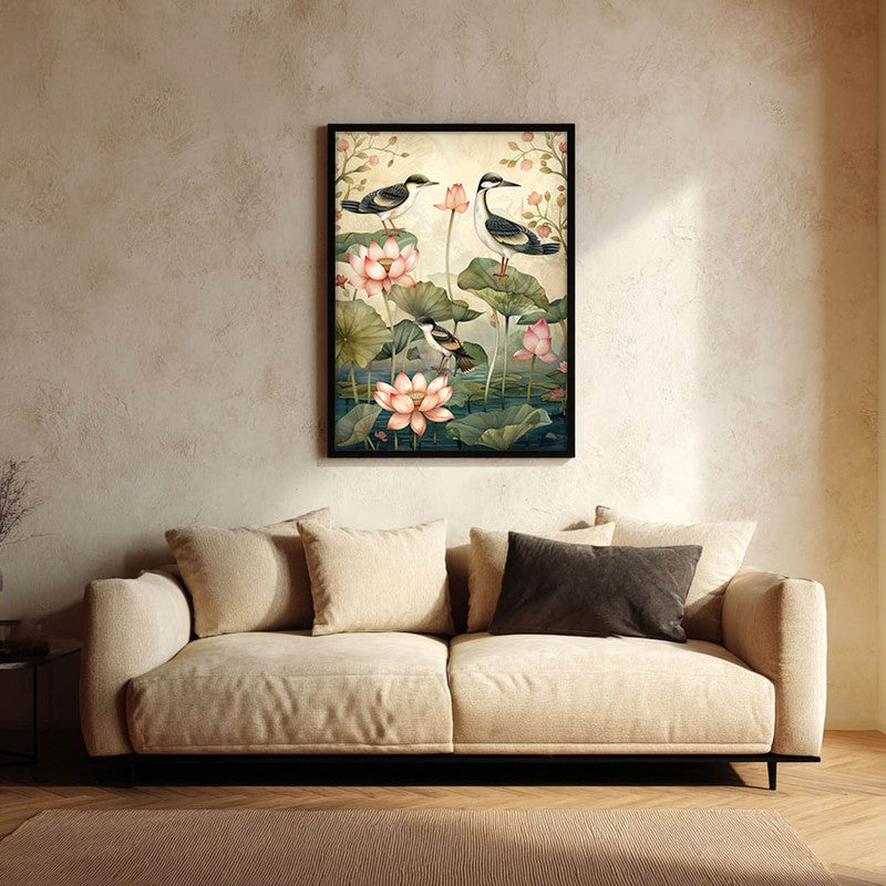 Lotus Pond Canvas Wall Painting With Black Frame