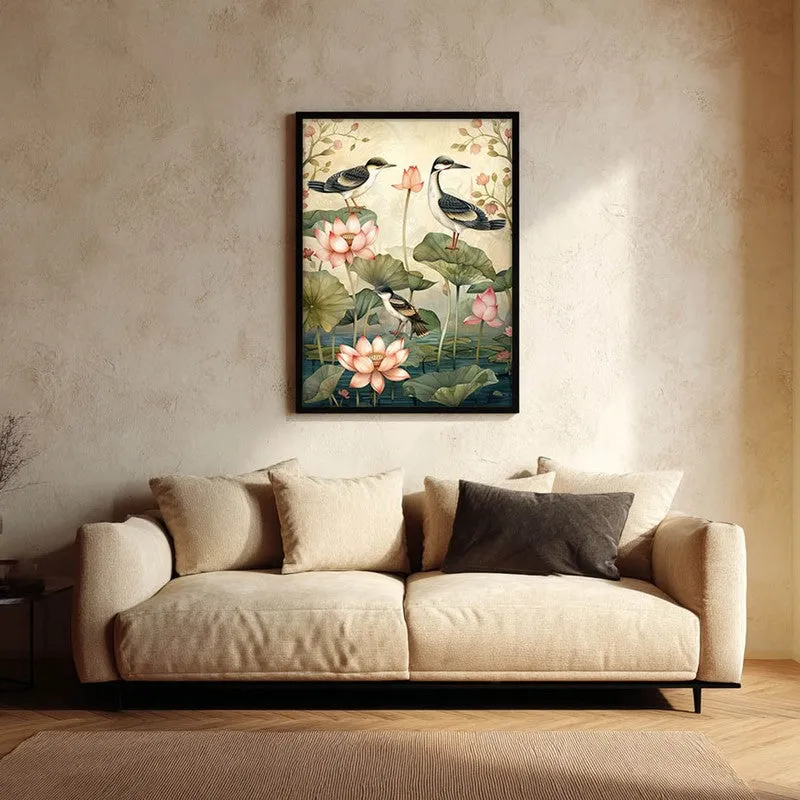 Lotus Pond Canvas Wall Painting With Black Frame media 1