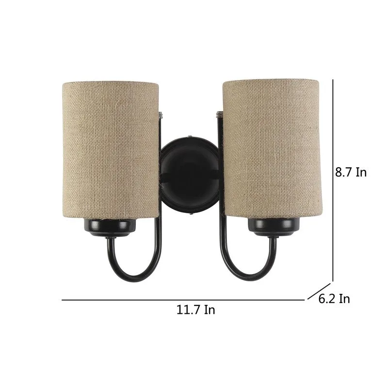 Dual jute wall lamp with visible overall dimensions on a white background