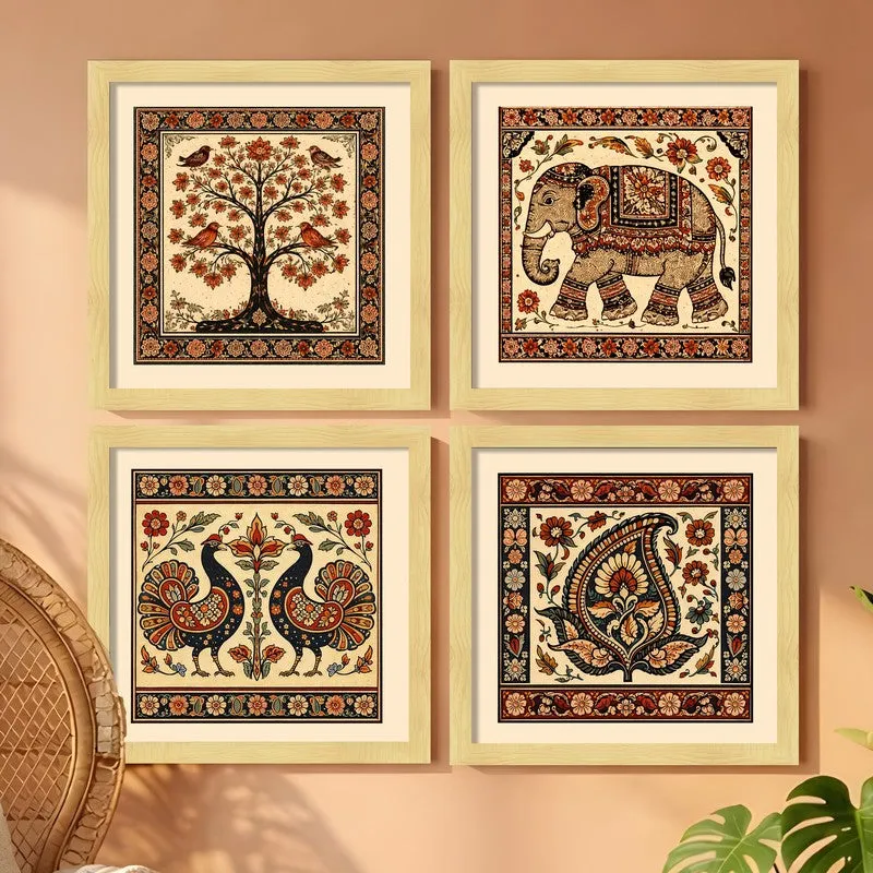 Vintage Folk Art Paper Wall Painting - Set Of Four media 3