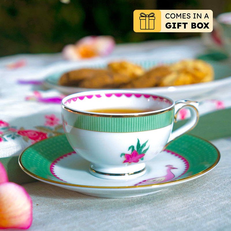 Gilded Mayura 24k Gold Brushed Porcelain Tea Cup & Saucer (280 mL) - Set of Six - 280 ML