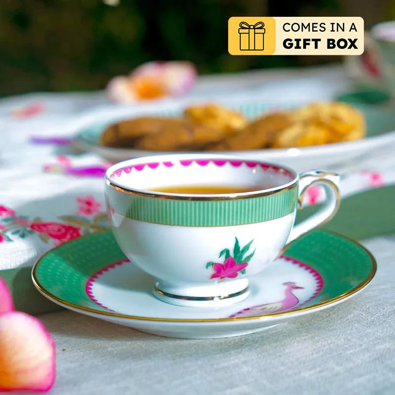 Gilded Mayura 24k Gold Brushed Porcelain Tea Cup & Saucer (280 mL) - Set of Six media 1