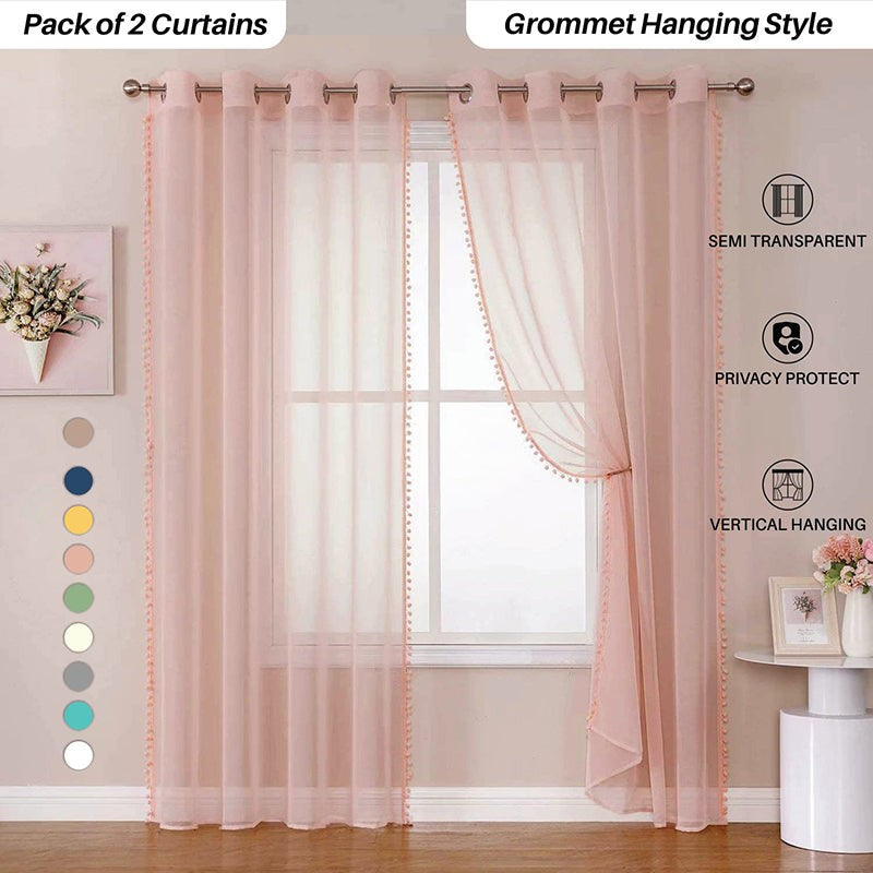 Urban Space Linen-Texture Curtain With Pom Pom (Blush Pink) - Set Of Two media 8