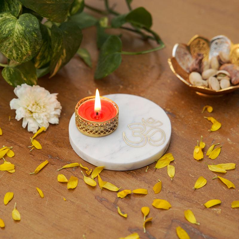 Om Tealight Candle Holder With Marble Base