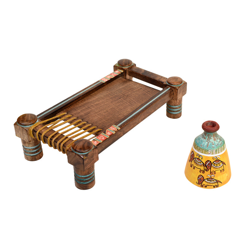 Happy Elephant Yellow Tribal Vase & Charpai Stand - Four Piece Set media 4