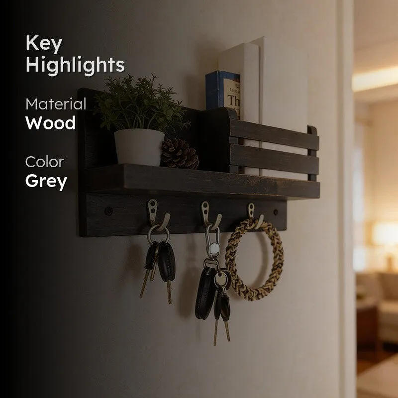 Vrika Wooden Wall Shelf Organiser with Key Holders media 2